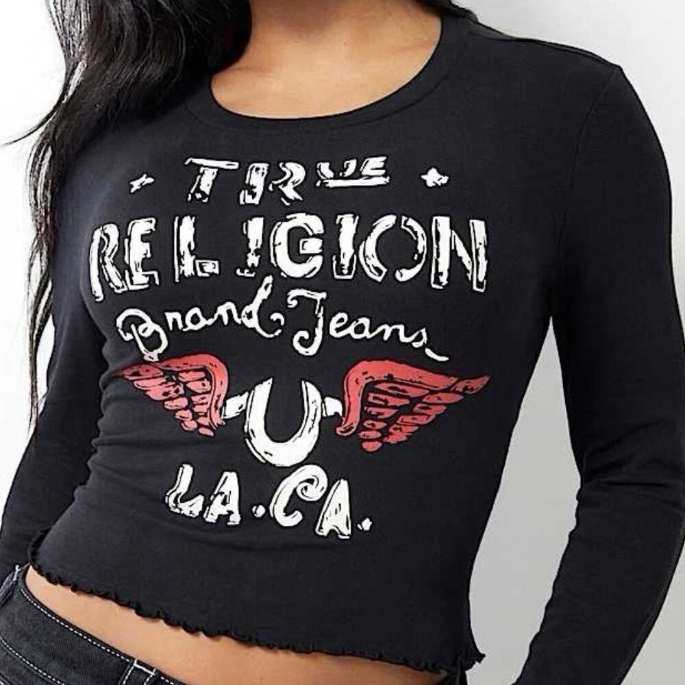 TRUE RELIGION Distressed Wing Baby T-shirt Black Long Sleeve Cropped Top